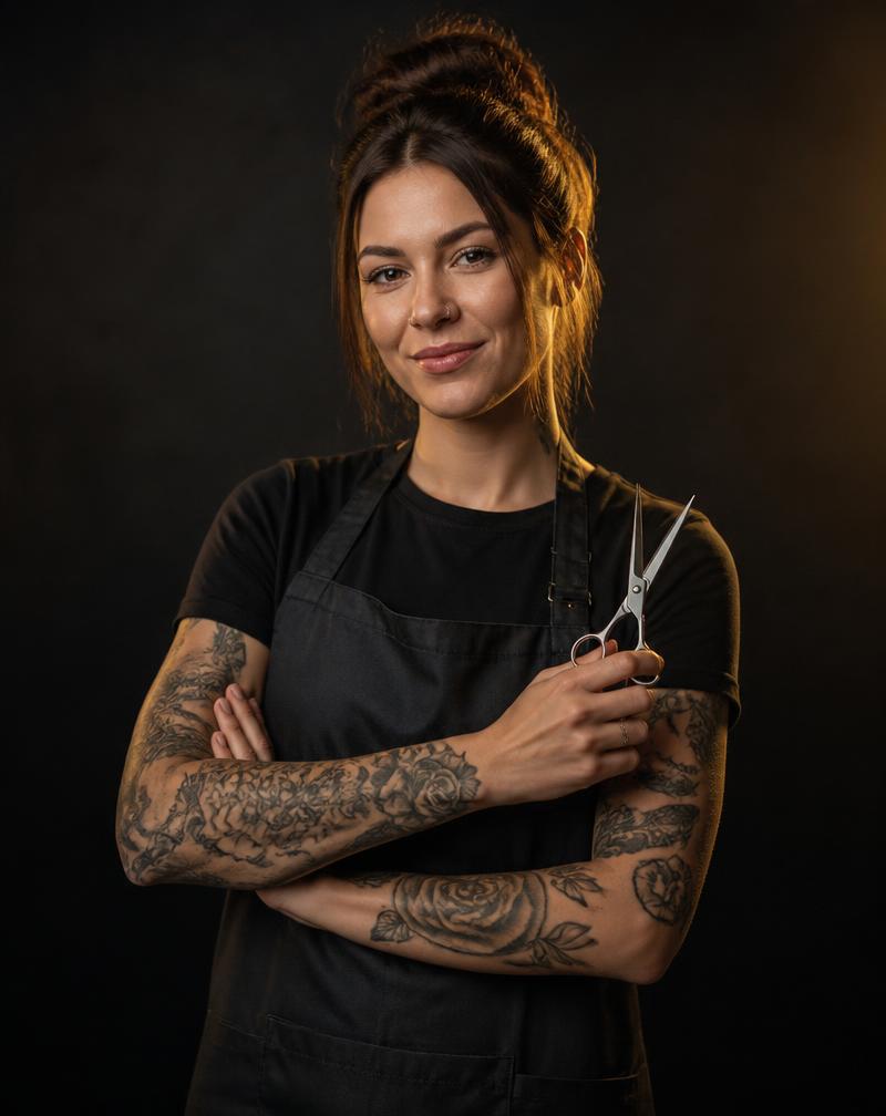 Barber Nina Cortez holding scissors, specialist in scissor cuts and modern men's styles