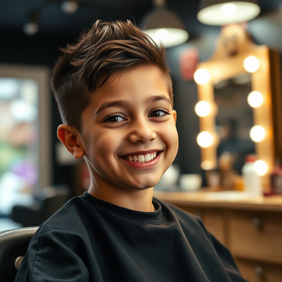 Smiling young boy after a kids haircut in the barber chair