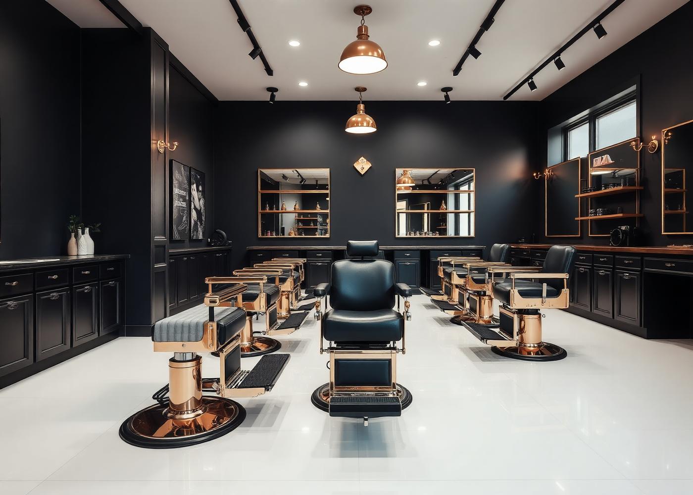 Clean interior of The Groom Room Barbershop with leather and brass barber chairs